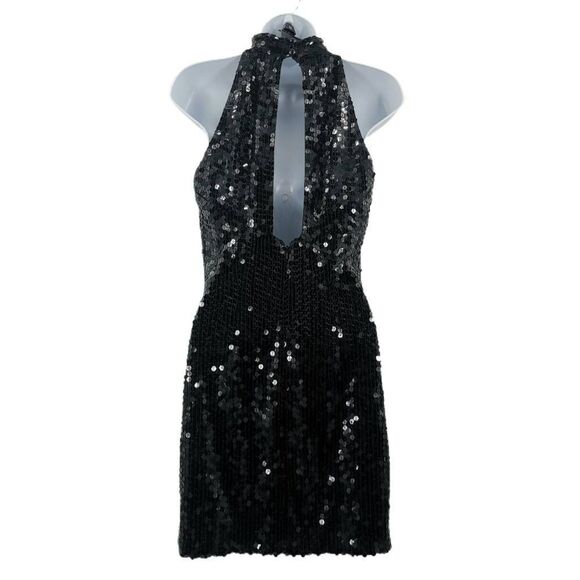 Vintage NiteLine Black Sequin Halter Neck Dress | Tag Size 6 | Open Back Design - Picture 2 of 3